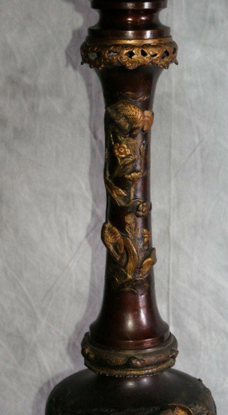 Fine Japanese Meiji Period patinated and parcel gilt bronze floor lamp