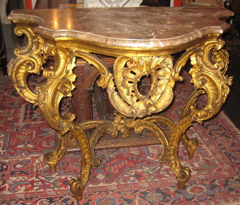 18th/19th Century Louis XV Carved Giltwood Marble Top Console Table 4