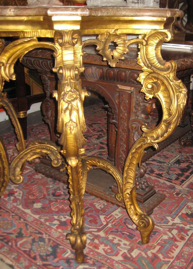 18th Century 18th/19th Century Louis XV Carved Giltwood Marble Top Console Table