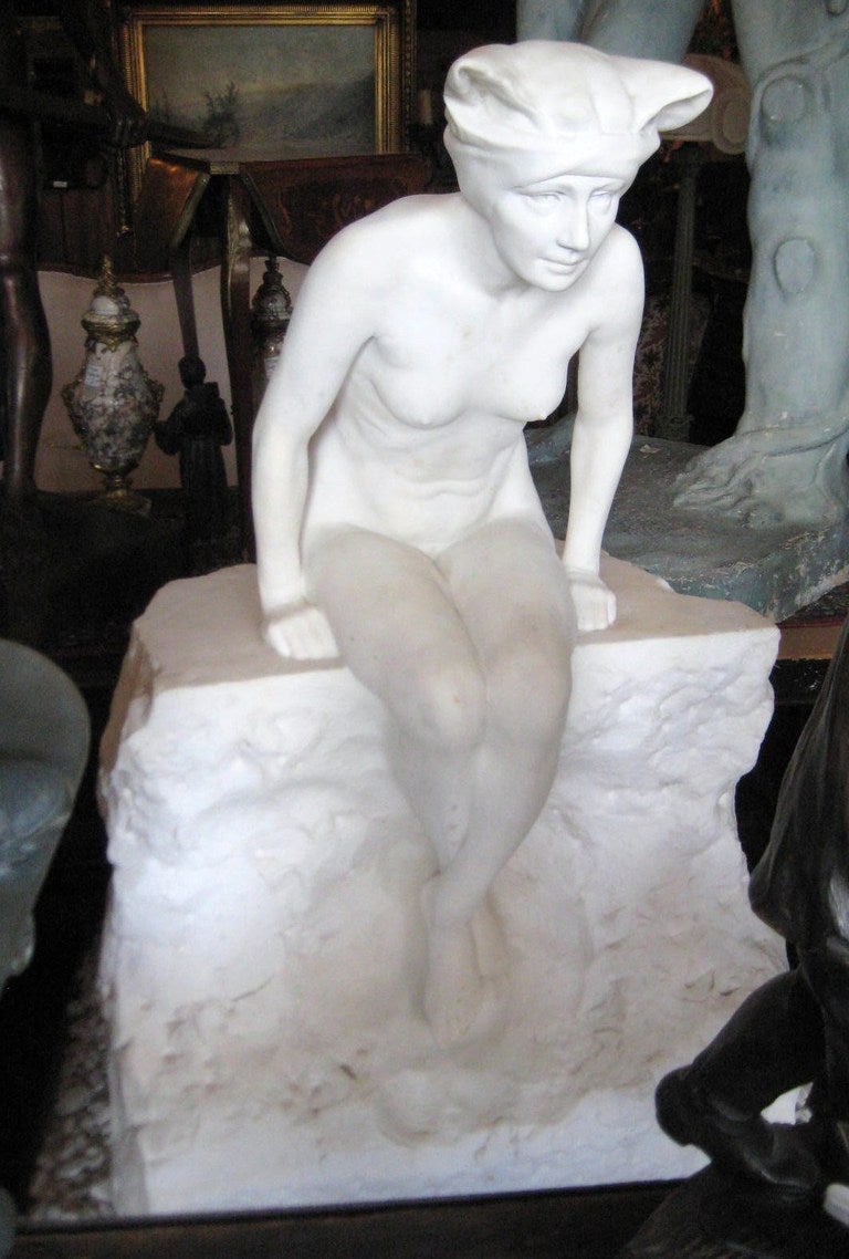 Art Deco Life-size Carved Marble of a Nude Female Swimmer