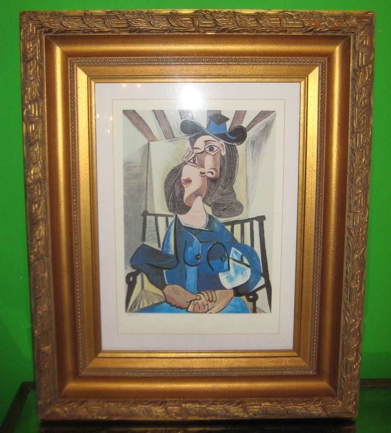 Pablo Picasso Limited Edition Giclee Print - Woman with Hat Seated in Arm Chair, with embossed Collection Domaine Picasso LTD seal and pencil numbered 33/500 (number 33 from a total edition size of 500). In a beautiful carved gilt-wood frame and