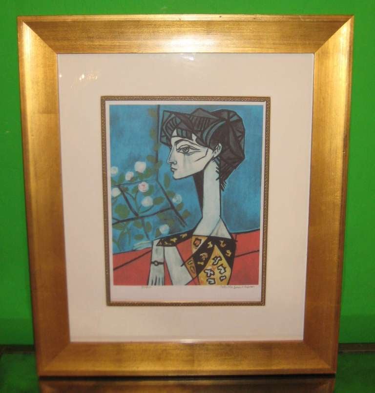 Pablo Picasso Limited Edition Giclee Print - Portrait of Jacqueline Roque with Flowers, with embossed Collection Domaine Picasso LTD seal and pencil numbered 37/500 (number 37 from a total edition size of 500) and also pencil signed Collection
