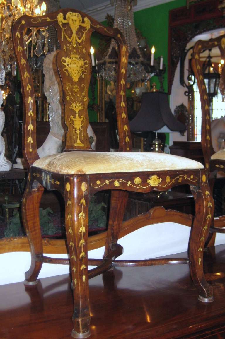 Baroque Pair of 19th c. Dutch Marquetry Inlaid Side Chairs