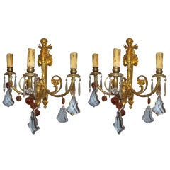 Pair of 19th c. French gilt-bronze three-light wall sconces.