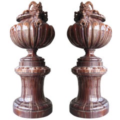 Monumental pair of 19th c. Continental Majolica urns and pedestals