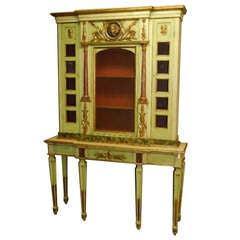 19th c. Italian Neoclassical Painted and Parcel Gilt Two Part Cabinet