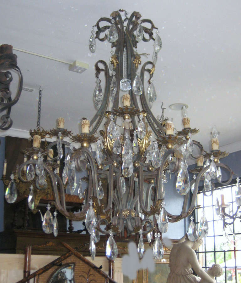 A Beautiful Large Continental Iron And Gilt Metal Two-tier 12 Light Crystal Chandelier