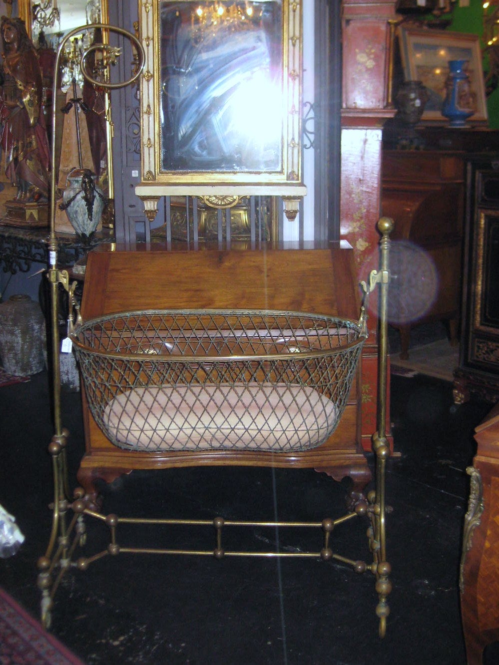 (K28) Rare Victorian Brass Swinging Cradle with Original Bed and Lace