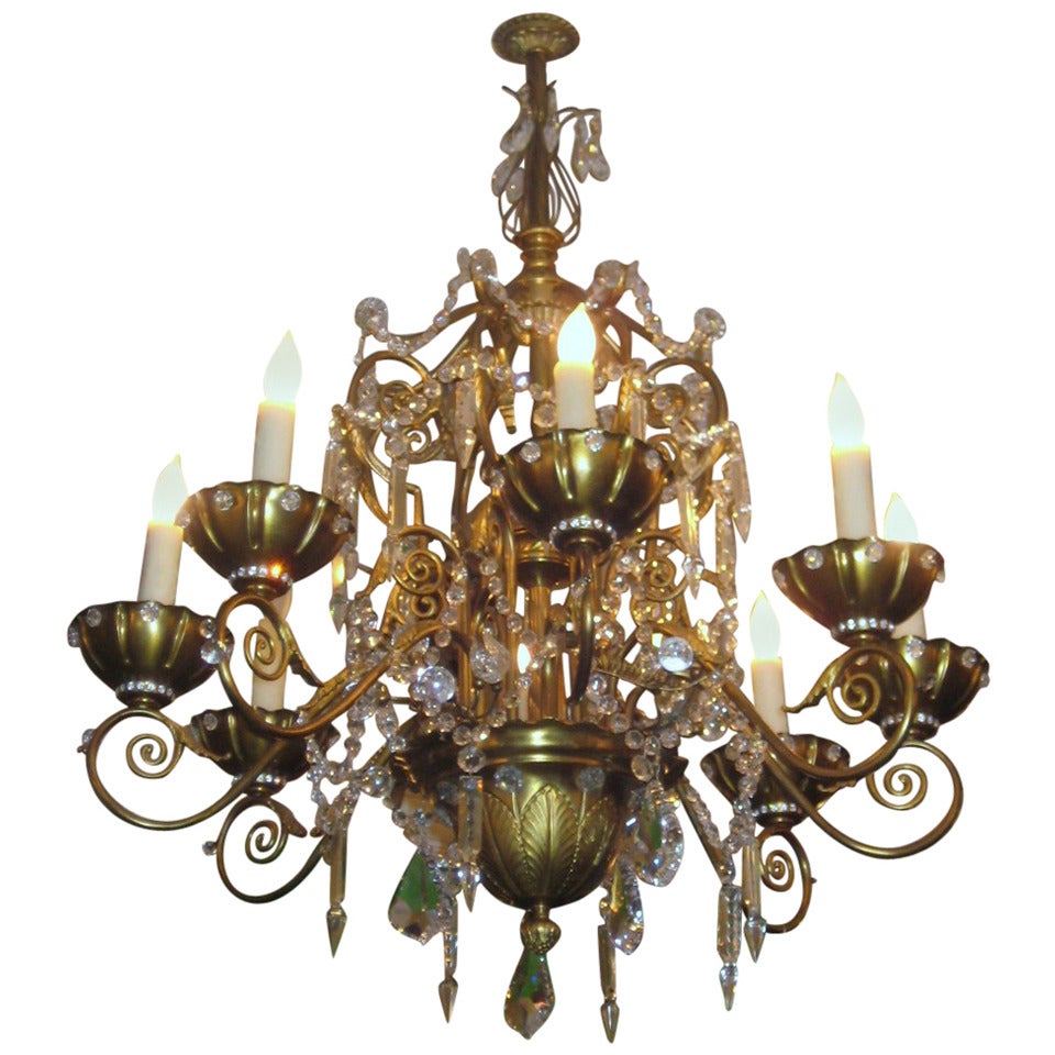 Maison Jansen Bronze and Crystal Eight-Light Chandelier For Sale