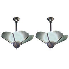 Large Pair of Art Deco Chrome and Frosted and Etched Glass Six-Light Chandeliers