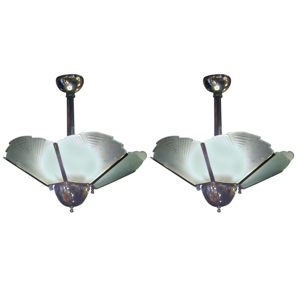 Large Pair of Art Deco Chrome and Frosted and Etched Glass Six-Light Chandeliers