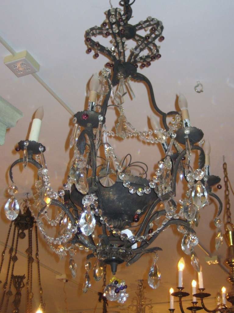 French Beautiful Iron and Crystal Six Light Chandelier