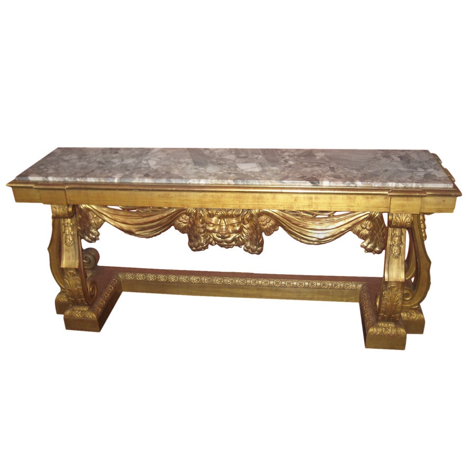Large 19th Century Continental Carved Gilt Wood Marble Top Console Table
