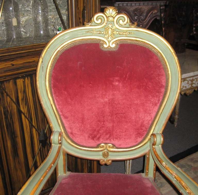 Baroque 19th C. Venetian Painted And Parcel Gilt Arm Chair.