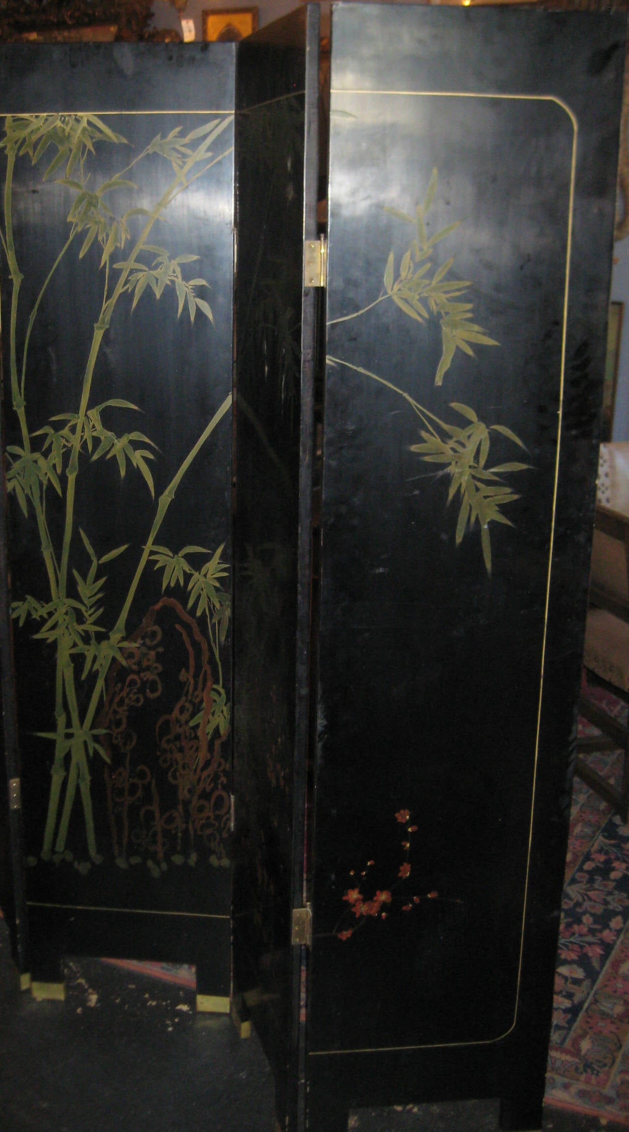 20th Century Chinese Black Lacquer and Hardstone Mounted Folding Screen
