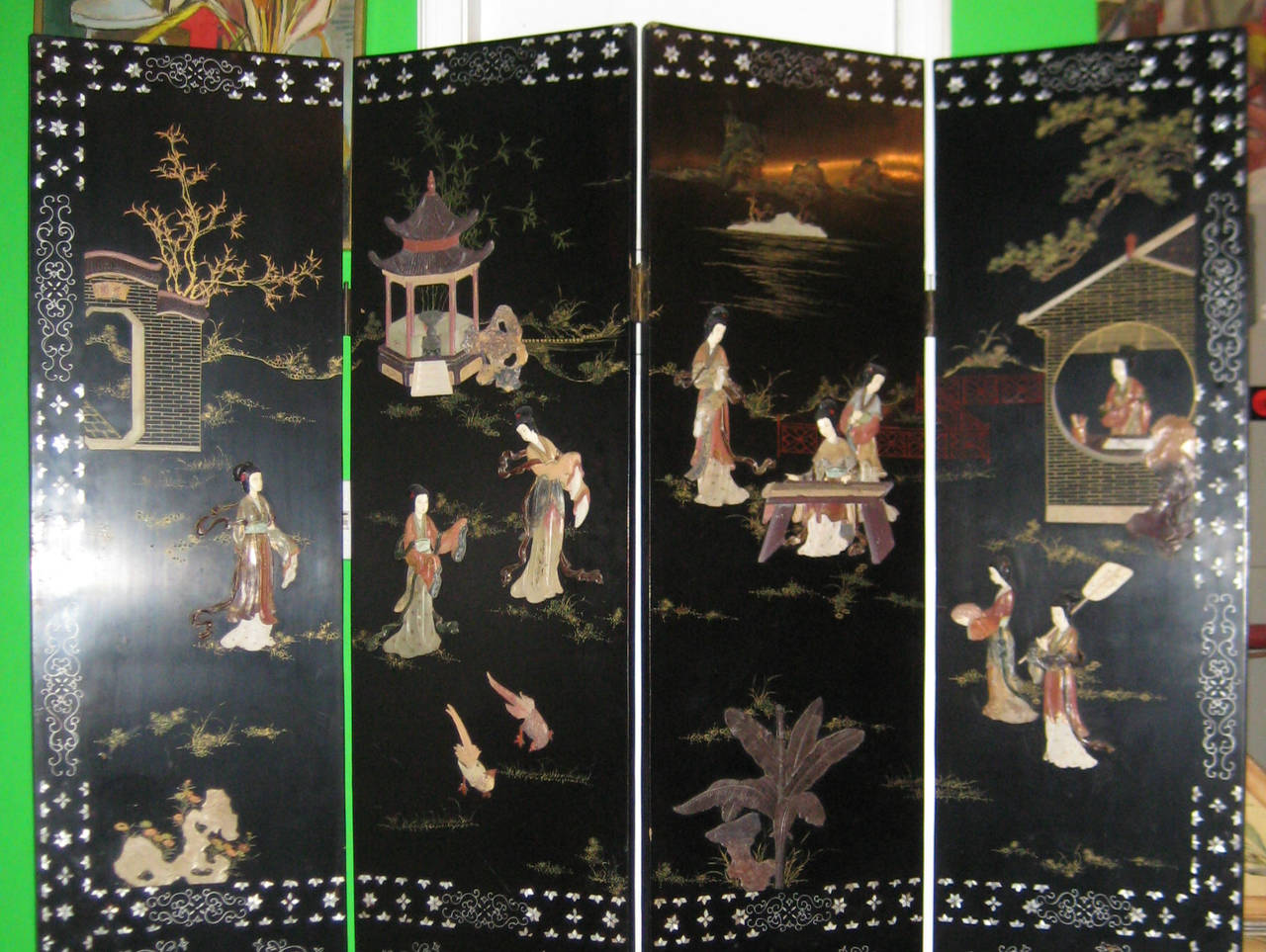 Chinese Export Chinese Black Lacquer and Hardstone Mounted Folding Screen