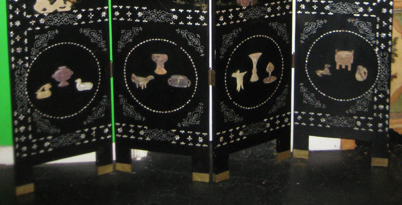 Chinese Black Lacquer and Hardstone Mounted Folding Screen In Good Condition In Miami, FL