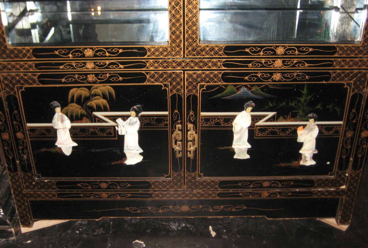 Chinese Export Chinese Black Lacquer and Hardstone Collector's Cabinet