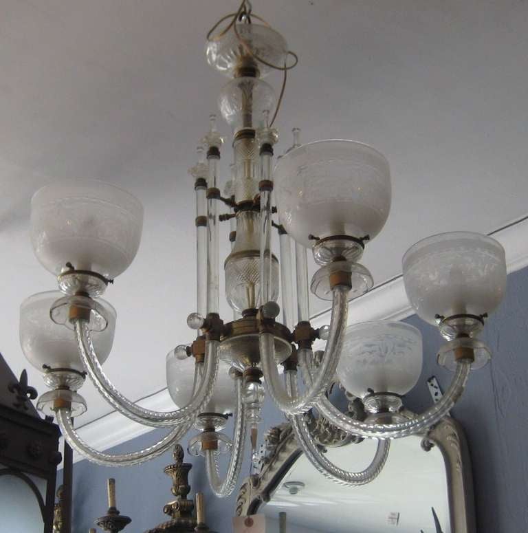 F & C Osler style etched glass six-light gasolier (converted to electricity) chandelier with bronze fittings.
