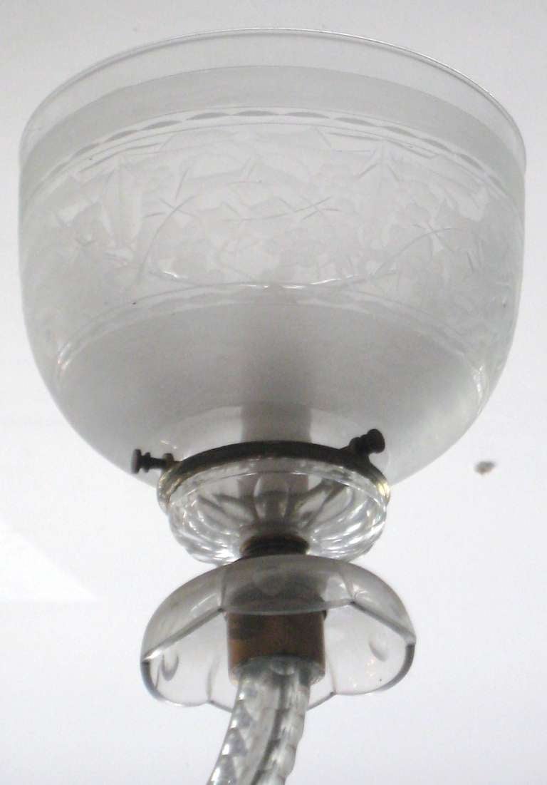 English F & C Osler Etched Glass and Bronze Six-Light Chandelier For Sale