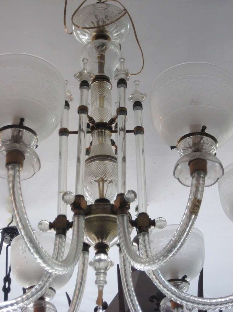 Victorian F & C Osler Etched Glass and Bronze Six-Light Chandelier For Sale