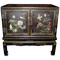 Chinese Black Lacquer and Hardstone Cabinet on Stand