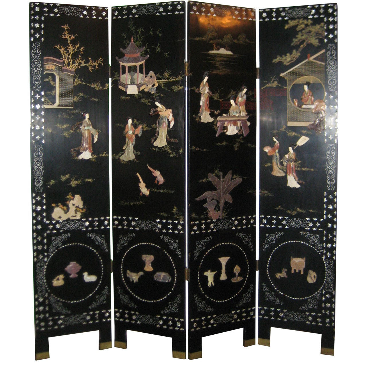Chinese Black Lacquer and Hardstone Mounted Folding Screen