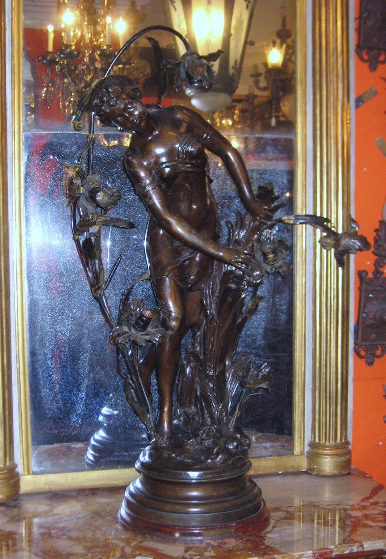 Large Art Nouveau bronzed figural lamp, Math. Moreau, titled: 
