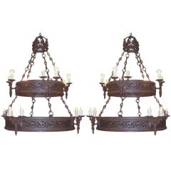 Pair of Italian Renaissance Iron Sixteen-Light Chandeliers
