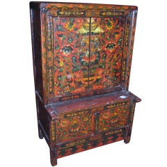 Antique Chinese red lacquer and painted two-door cabinet (K132)