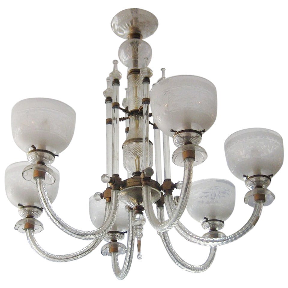 F & C Osler Etched Glass and Bronze Six-Light Chandelier For Sale