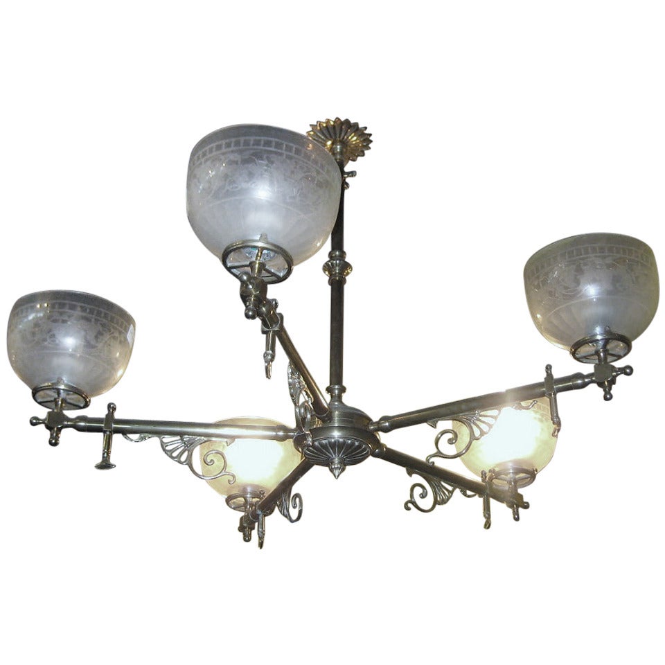 F & C Osler Bronze and Etched Glass Five-Light Gasolier For Sale