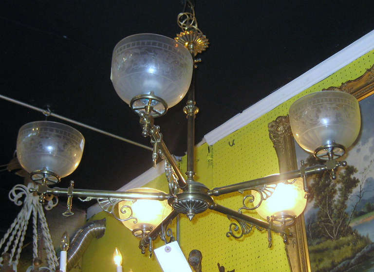 F & C Osler bronze and etched glass five-light gasolier chandelier with original shades.