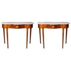Pair of Hepplewhite style inlaid mahogany marble-top console tables