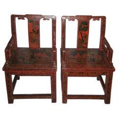 Pair of 18th/19th c. Chinese red lacquered arm chairs