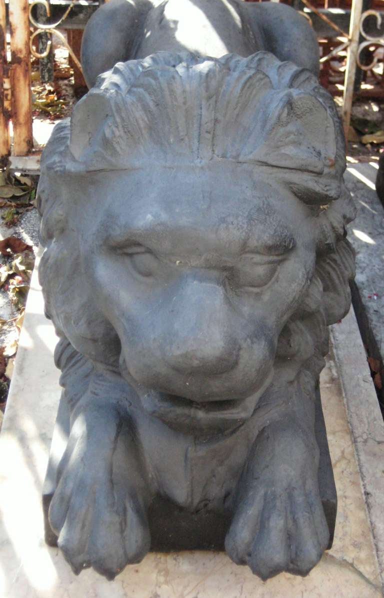 Pair of Iron Garden Statues of Reclining Lions In Good Condition For Sale In Miami, FL