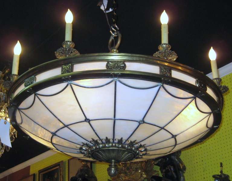 British Victorian Bronze and Slag Glass Twelve Light Chandelier