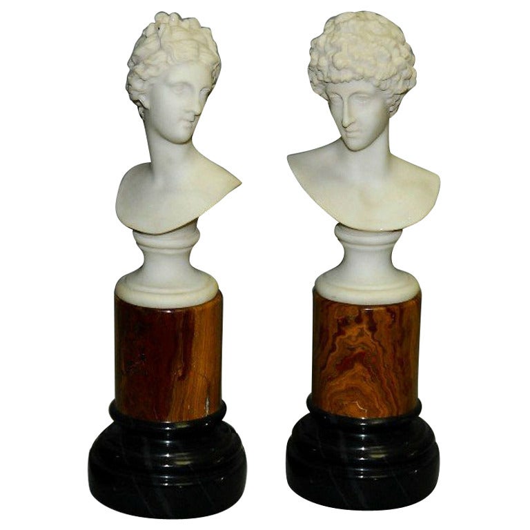 Pair of Classical Miniature Marble Busts on Pedestals For Sale