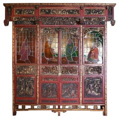 Museum Quality Chinese Carved Hardwood Polychrome Parcel-Gilt and Stained Glass
