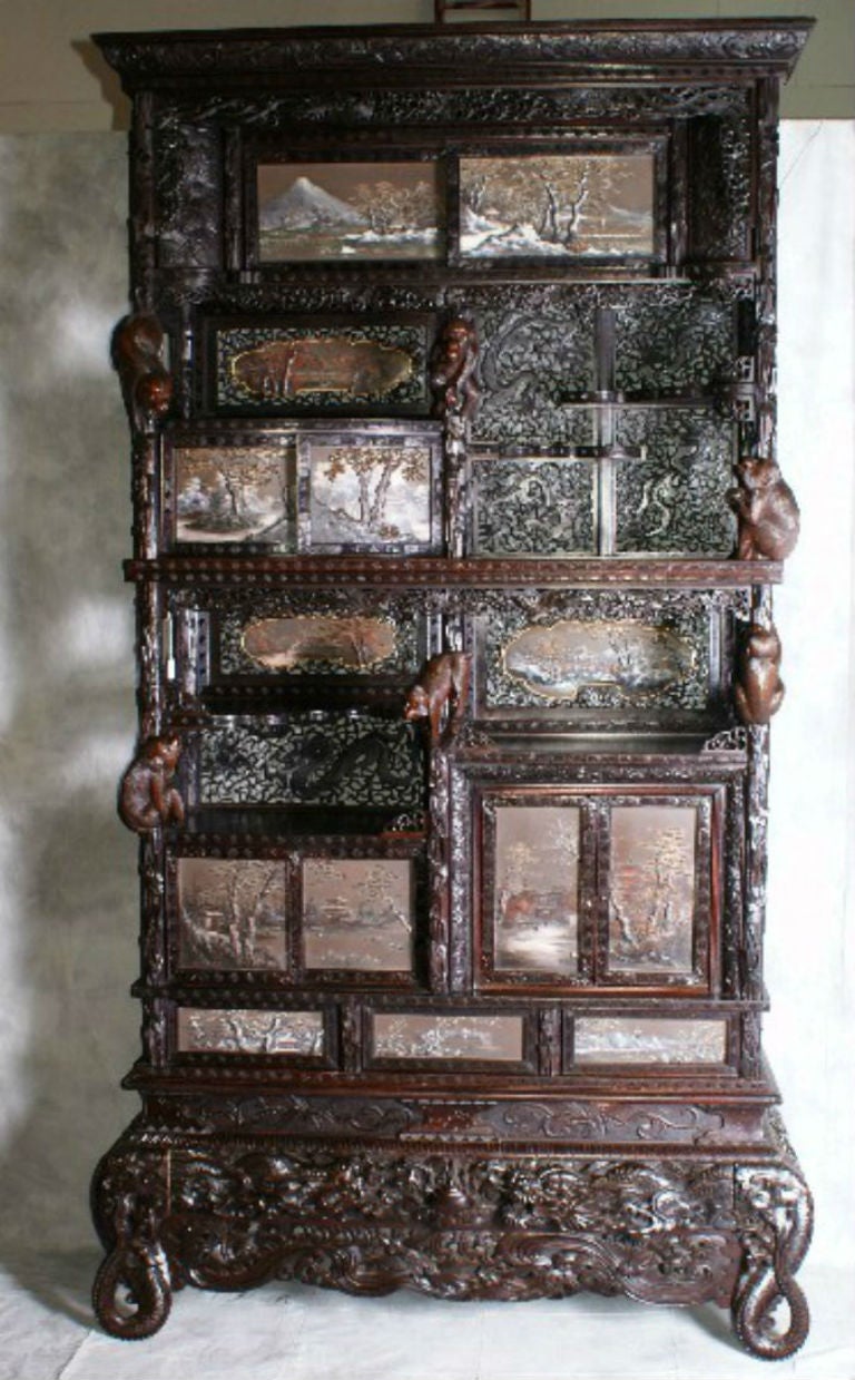 Rare Chinese carved hardwood and painted panel display cabinet