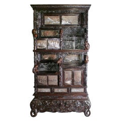 Rare Chinese carved hardwood and painted panel display cabinet