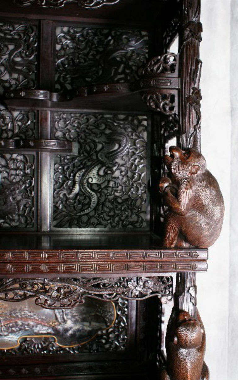 19th Century Rare Chinese carved hardwood and painted panel display cabinet
