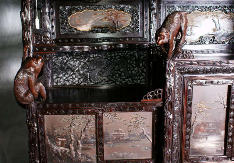 Wood Rare Chinese carved hardwood and painted panel display cabinet