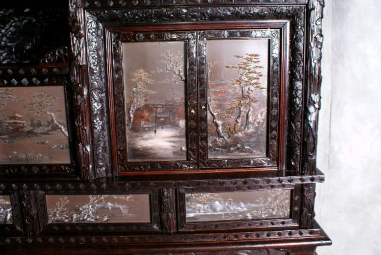 Rare Chinese carved hardwood and painted panel display cabinet 2