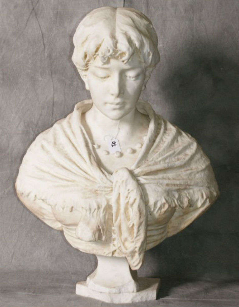 Italian White Marble Bust of a Woman, signed and located: Ant. Argent, Milano.