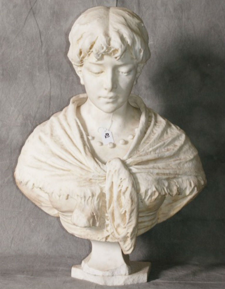 Italian White Marble Bust of a Woman, signed Ant. Argent, Milano