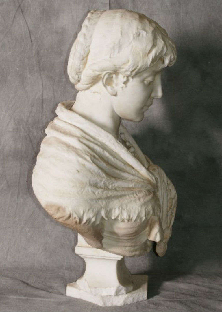 Italian White Marble Bust of a Woman, signed Ant. Argent, Milano 1