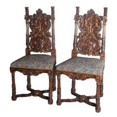 Signed Pair of Italian carved walnut parcel gilt and polychrome chairs (EG9)