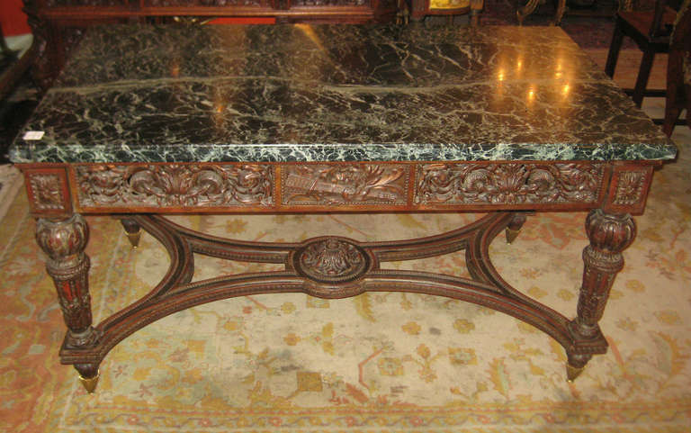 French 19th c. Louis XIV Carved Walnut & Verde Marble Center Table - REDUCED