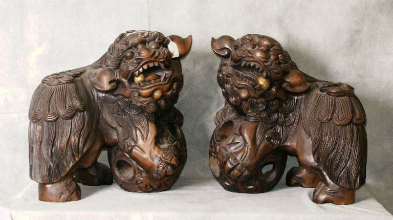 Large pair of Chinese well carved hardwood Foo Dogs (Shi).